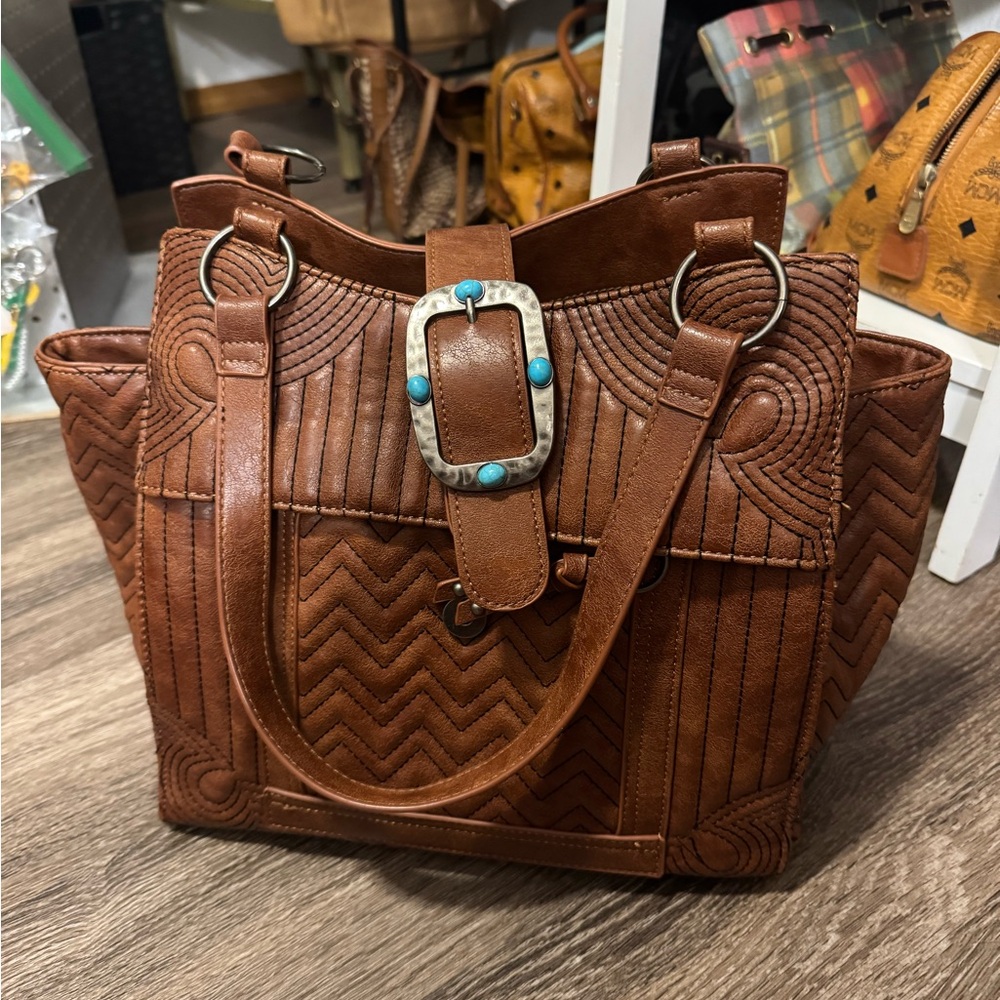 Chic Brown Shoulder Bag with Turquoise Accent